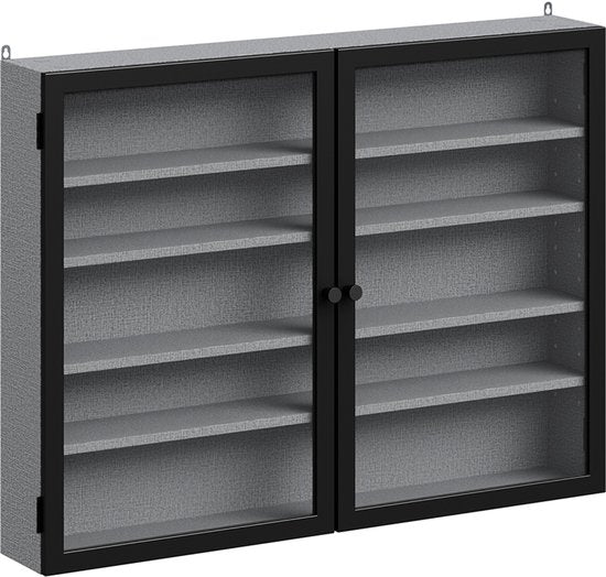 SoBuy Wandvitrine – 4 Verstelbare Legplanken – Glazen Deuren – 80 x 12,2 x 60 cm – Zwart/Grijs