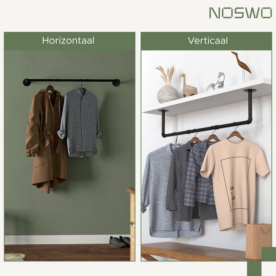Noswo Kledingstang voor aan de Muur – 2 Stuks - Hoogwaardige Stalen Kledingroede – Kledingrek - Hangrek - Garderobe Stang - 112 cm – Zwart