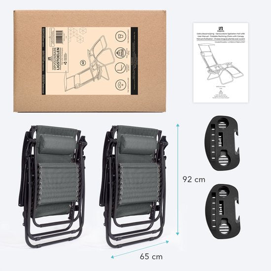 LifeGoods Opvouwbare Tuinstoelen - Verstelbaar Zonnescherm - Ligstoel Tuin - 2 Stuks - 30°-90° Verstelbaar - Metaal - Donkergrijs