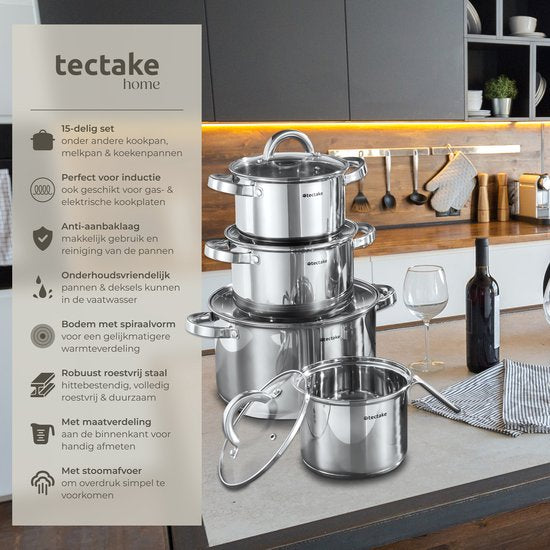 tectake® Pannenset - RVS - Geschikt voor inductie, gas en elektrisch koken - 15-delig - Vaatwasmachinebestendig - Voor thuis of camping - Pannen met deksels
