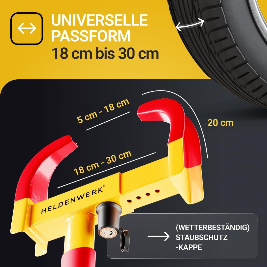 HELDENWERK – Parkklauw Wielklem met Veiligheidsslot – 48x25x7 cm – Voor 18-30 cm Bandbreedte met 3 Sleutels – Diefstalbeveiliging voor Camper & Auto – Geel & Rood Staal