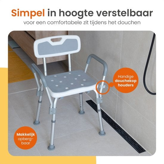 Goliving Verstelbare Douchestoel - Afneembare Arm- en Rugleuning - Douchekruk met Douchekop houder - Antislip - 3.2 kg - Hoogte 70-84 cm - Wit