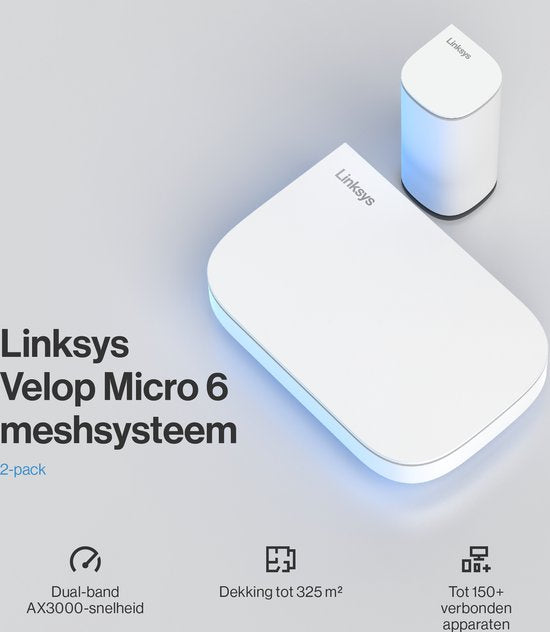 Linksys Velop Micro Mesh 6 - Router - WiFi 6 - Dual-band - Mesh WiFi - 3000 Mbps - 2-pack - Wit
