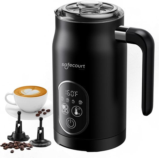 Safecourt Kitchen Melkopschuimer 4-in-1 – Elektrisch – Zwart – Voor Cappuccino & Latte