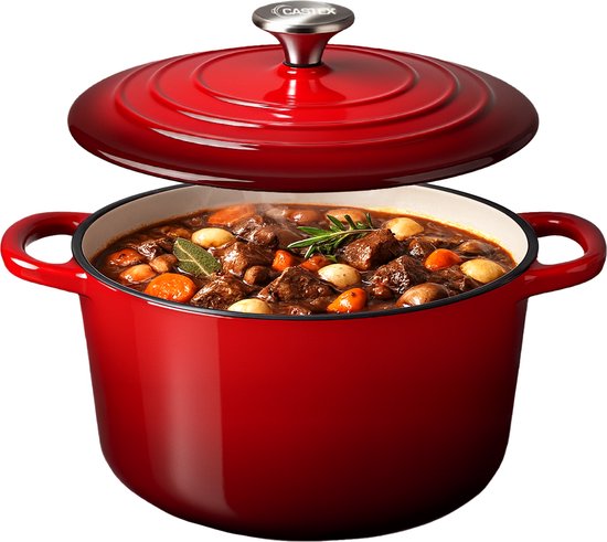 Castex Elegance Royal Gietijzeren Braadpan met Deksel 28 cm - 6,4L - Inductie Pan - Braadpannen Gietijzer – Rood