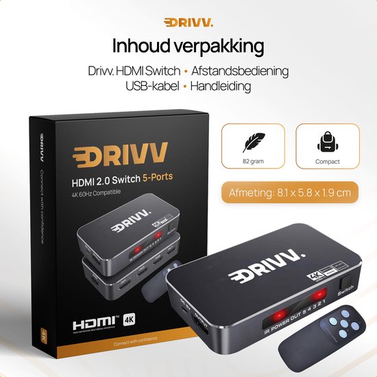 Drivv. HDMI Switch 4K 60Hz – 5 ingangen 1 uitgang - Incl Afstandsbediening - Automatisch Schakelen - Ondersteunt 720p/1080p/4K/3D - Zwart