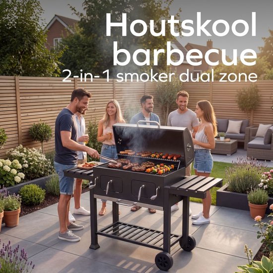 KitchenBrothers Houtskool BBQ XL - Dual Zone Smoker Barbecue - Met Verstelbare Kolenroosters & Inklapbare Zijtafels - PFAS-vrij - 42,3x75,8cm Grilloppervlak - Zwart