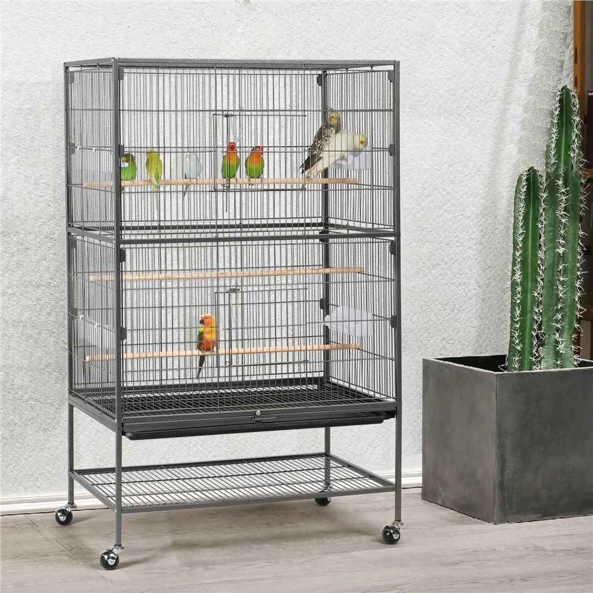 Yaheetech Vogelkooi XXL Met Verrijdbaar Onderstel – Voorzien Van Beveiligde Deur En Opbergplank En 3 Houten Zitstokken – Voor Papegaaien En Kaketoes – Zwart Metaal – 79 x 52 x 132 cm