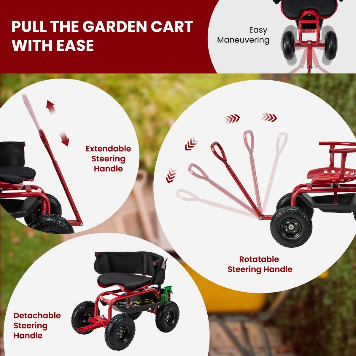 Coast Tuinwagen met rolzitting - uittrekbare handgreep - opbergruimte - rood