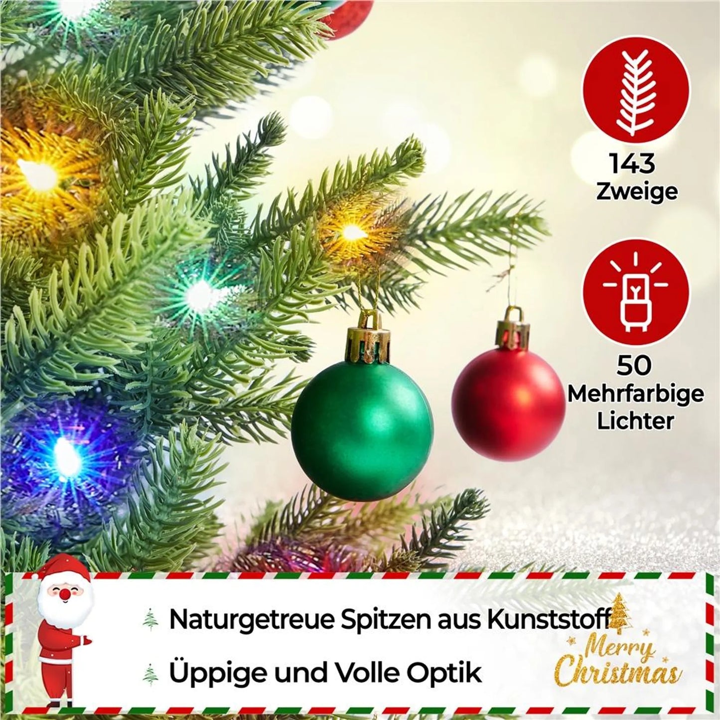 Yaheetech Kunstkerstboom Inclusief 50 Gekleurde Led-verlichting – Voorzien Van 143 Takpunten En 8 Lichtmodi En Cementen Basis – Voor Vensterbank En Tafel – Groen Pvc En Beton – 58 x 58 x 91,5 cm