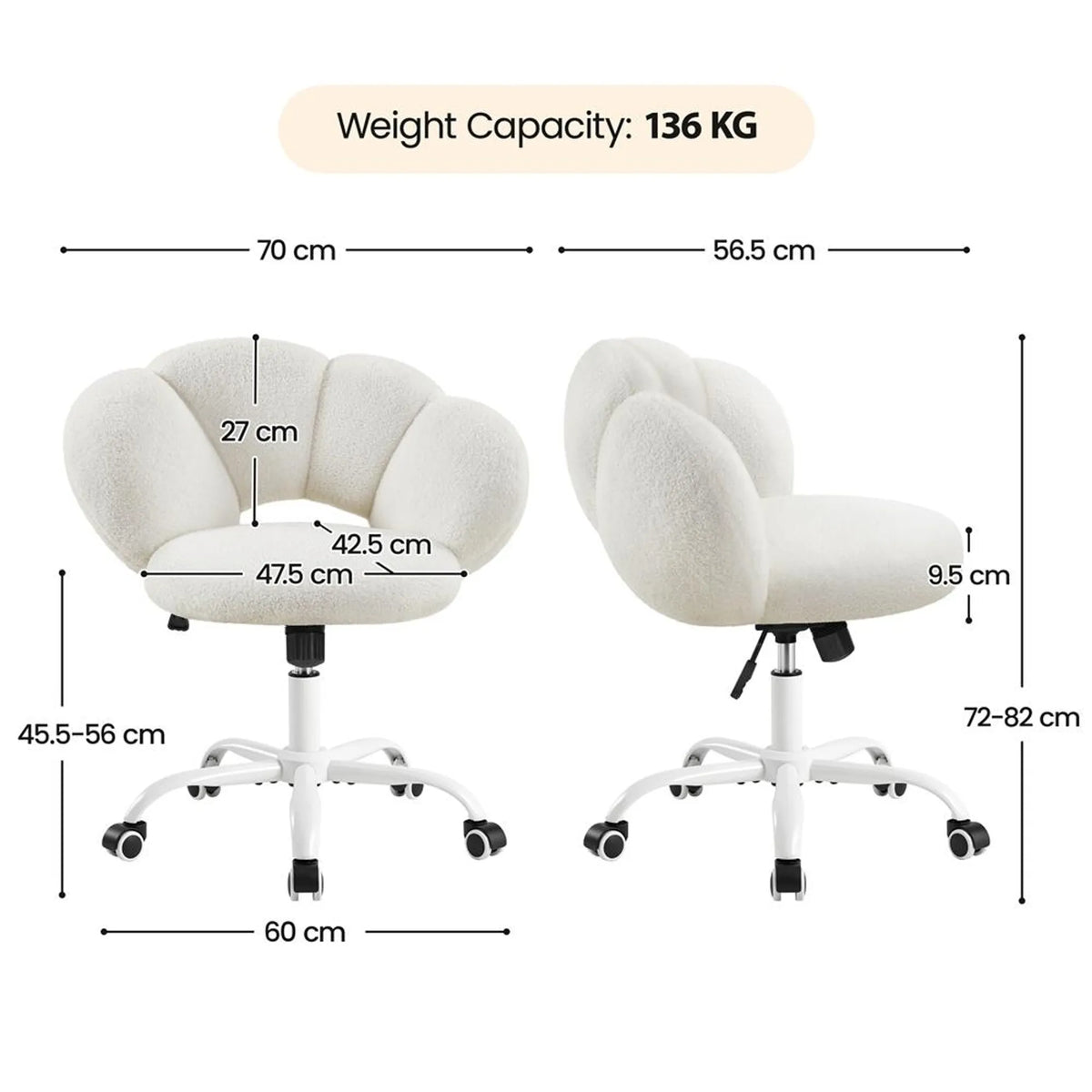 Yaheetech Wolkvormige Bureaustoel – Ergonomisch, Bouclé, 60 × 70 × 72–82 cm – Wit