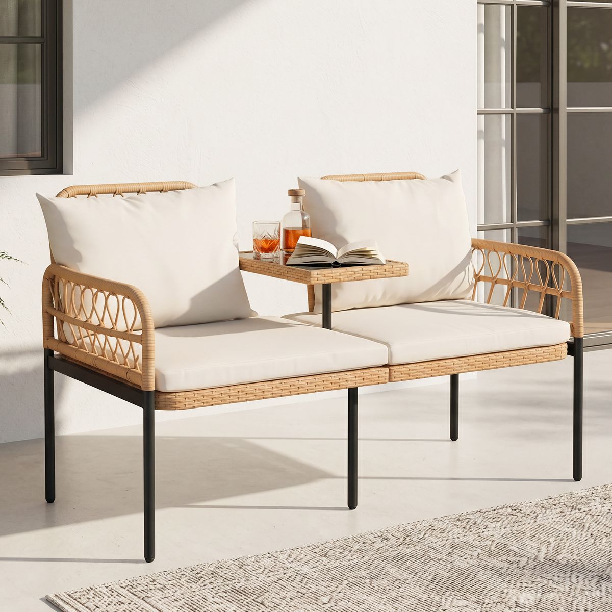 Coast tuinbank met kussens - 2-zits balkonbank - geïntegreerde glastafel - natuurlijk polyrattan - 137 x 64 x 84 cm