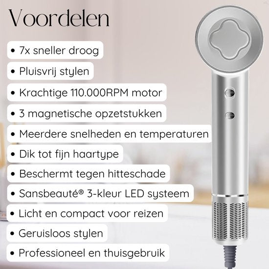 Sansbeauté® Föhn met Diffuser – Krullen – 110.000RPM - Ionische Haardroger met Borstel - 3 Standen - 3 Opzetstukken – Reisföhn - Coolshot – Haarföhn met Diffuser – Hair Dryer - 2000W - EssentiaPRO®
