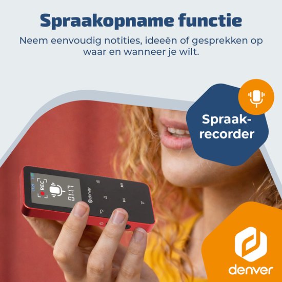 Denver MP3/MP4 Speler - Bluetooth - Shuffle/Herhalen - SD kaart tot 128GB - Incl. oordopjes - Dictafoon - MP1830R - Rood