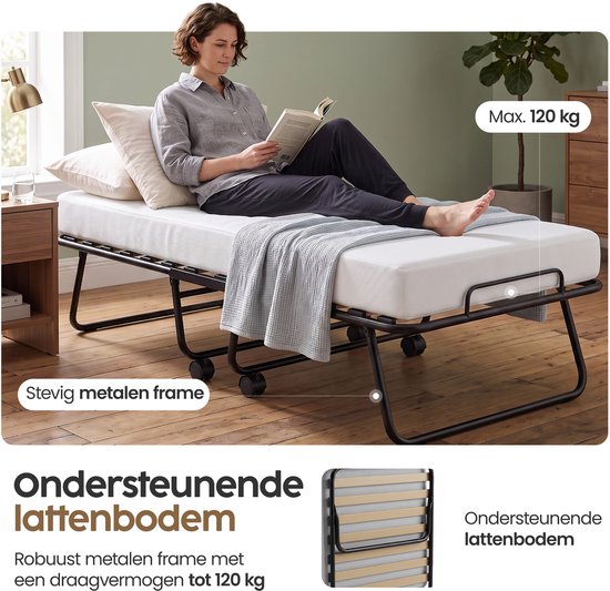 Infinity Goods Opklapbed Comfort 90 x 200 CM - Logeerbed - 1 Persoons - Vouwbed - Matras & Lattenbodem - Incl. Beschermhoes