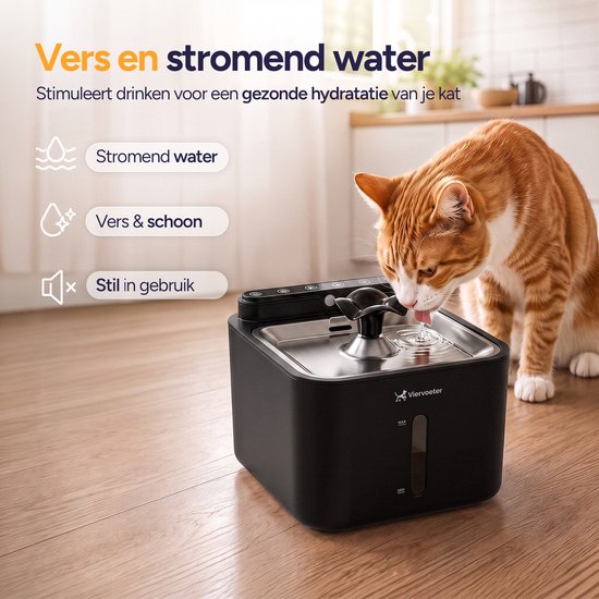 Viervoeter® Draadloze Drinkfontein RVS - Sensor Waterfontein voor Kat en Hond - Inclusief 3 filters - 3,2L - 30d batterijduur - Fluisterstil