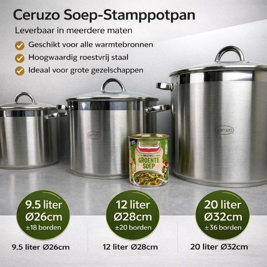 Ceruzo RVS Soeppan - Ø 26 cm -H 19 cm - 9.5 liter - Stamppot Pan-Inductie