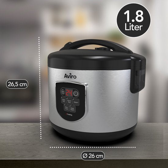 Aviro Rijstkoker - Slowcooker - 1,8L - 7 Functies - Warmhoudfunctie - Rice Cooker - Anti Aanbaklaag - Multicooker - 2-10 Personen - RVS