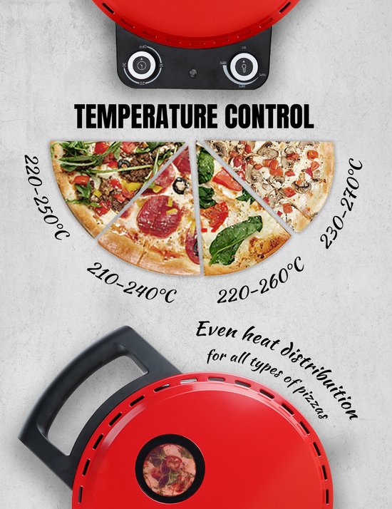 Bestron Turbo Pizzaoven voor pizza's in 5-10 minuten, elektrische pizzaoven met echte maximumtemperatuur van 320°C, inclusief pizzasteen en 2 grote houten spatels, Viva Italia, kleur: Rood