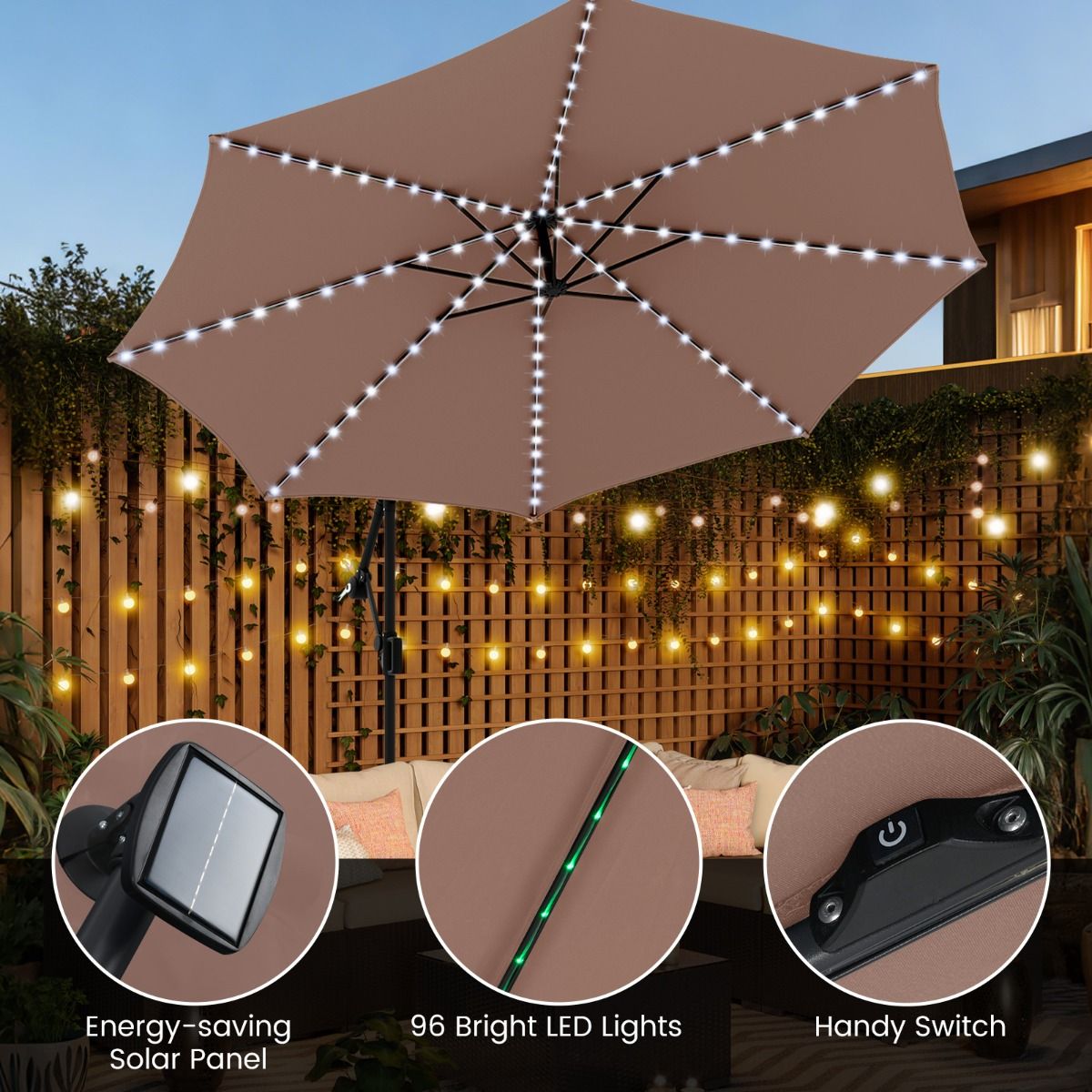 Coast Zweefparasol met LED-verlichting - 9 verlichtingsmodi - met zandzakken en slinger - bruin - 300 x 260 cm