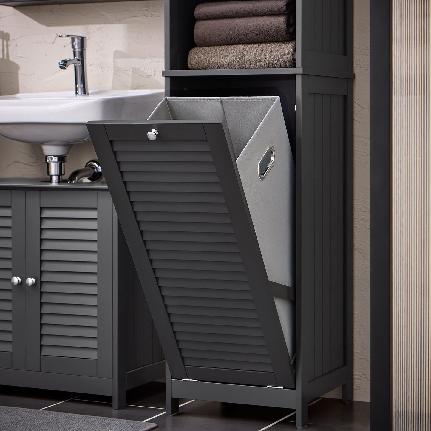 SoBuy Kolomkast - BZR124-DG - Badkamer - Uitneembaar Wasmand - Antraciet