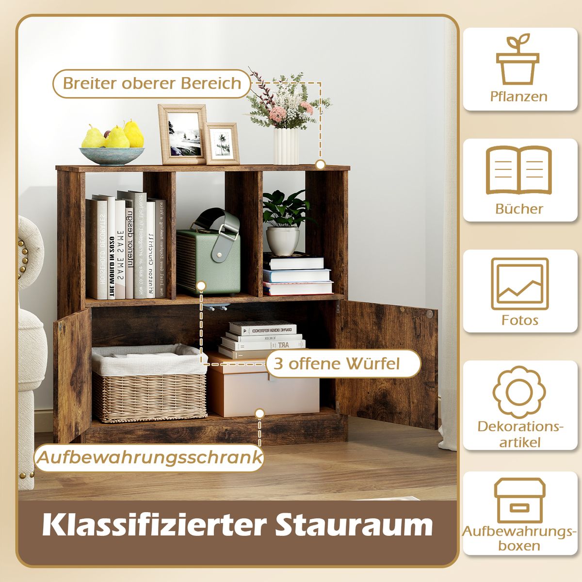 Coast Boekenkast met 3 open vakken en 2 deuren - modern design - bruin - 70 x 30 x 70 cm