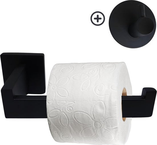 WC Rolhouder Inclusief Handdoekhaak - Toiletrolhouder - WC Papier Houder - WC Rol Houder RVS - Mat Zwart - Inclusief Montageset - Coopley