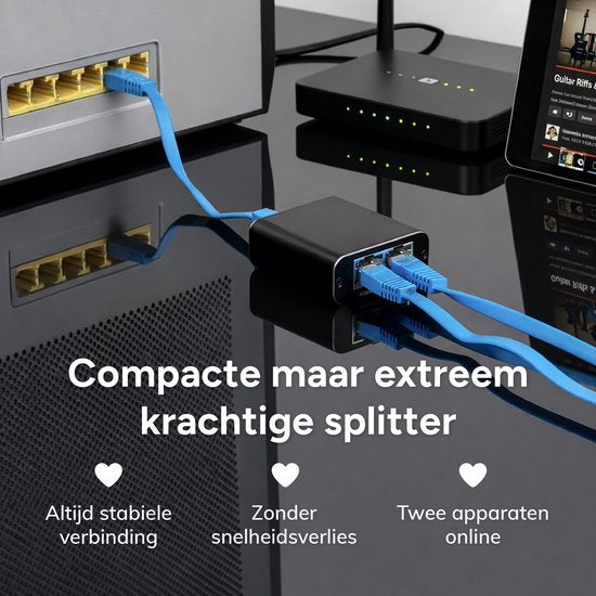 Skoov Internet Splitter 1 in 2 out - Netwerk Switch met 2 Poorten - 1000Mbps - RJ45, Cat5, Cat6, LAN, UTP, Ethernet splitter - Adapter - Zwart
