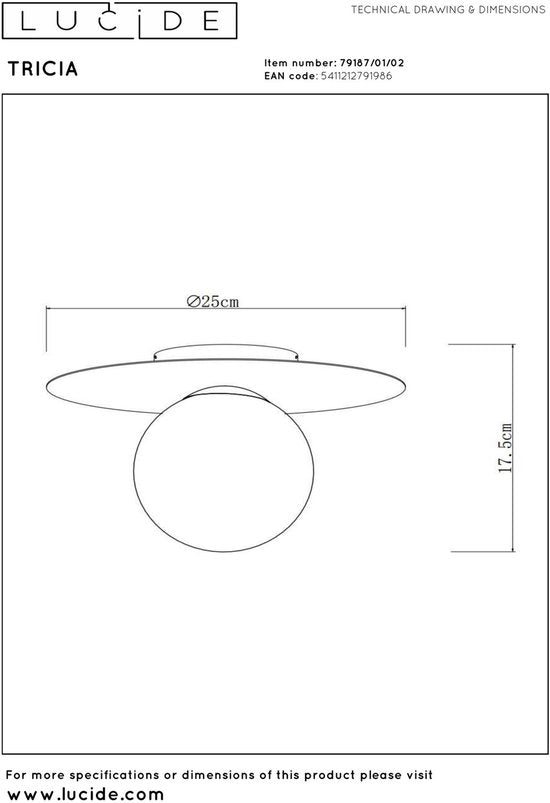 Lucide TRICIA - Plafonnière (Plafondlamp) - Ø 25 cm - 1xE27 - Mat Goud / Messing