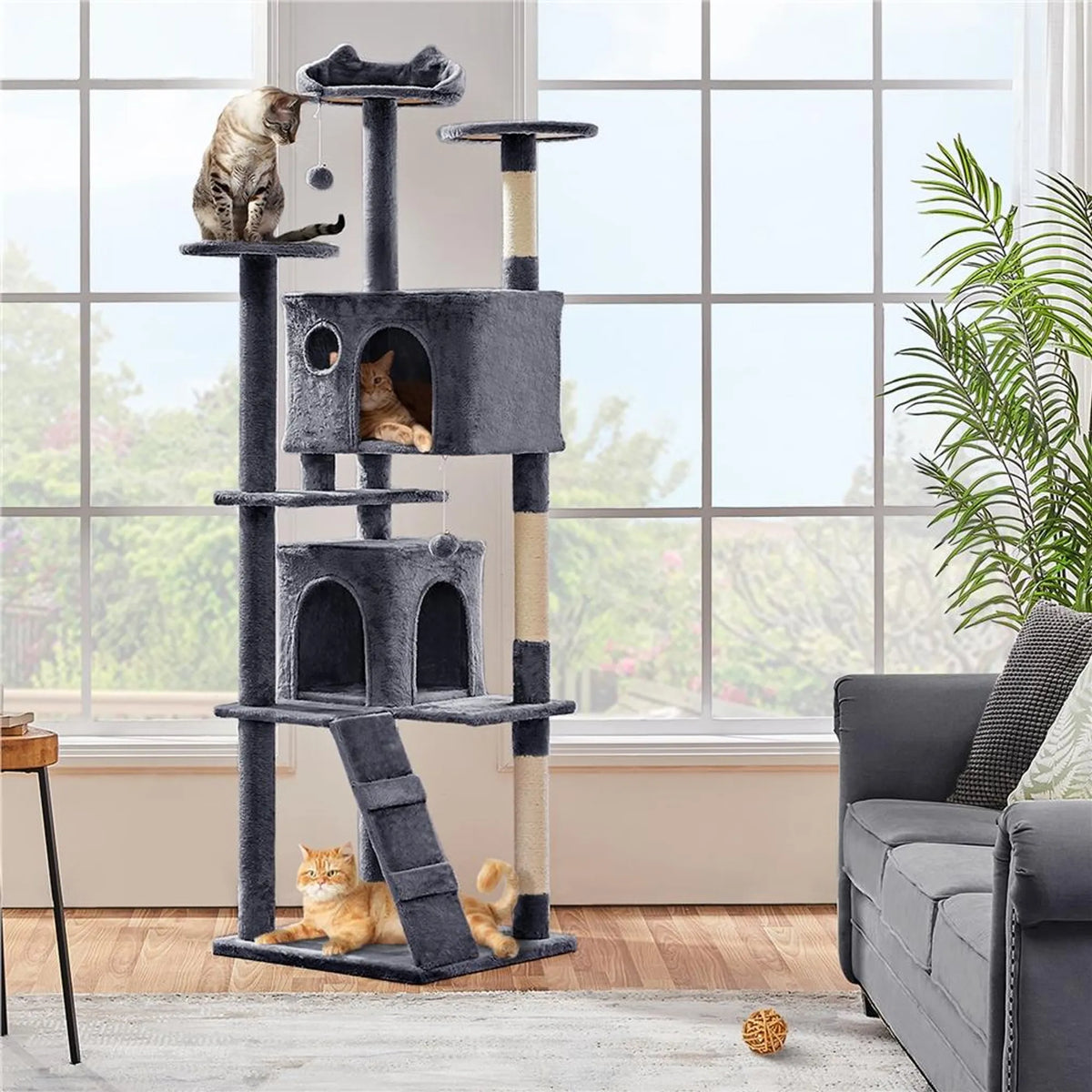 Yaheetech Krabpaal XXL Met Twee Kattenmanden – Voorzien Van Klimhelling En Ligkussen In Kattenoorvorm En Hangende Speelballen – Voor Huishoudens Met Meerdere Katten – Donkergrijs Pluche En Sisal – 59,5 x 55 x 202,5 cm