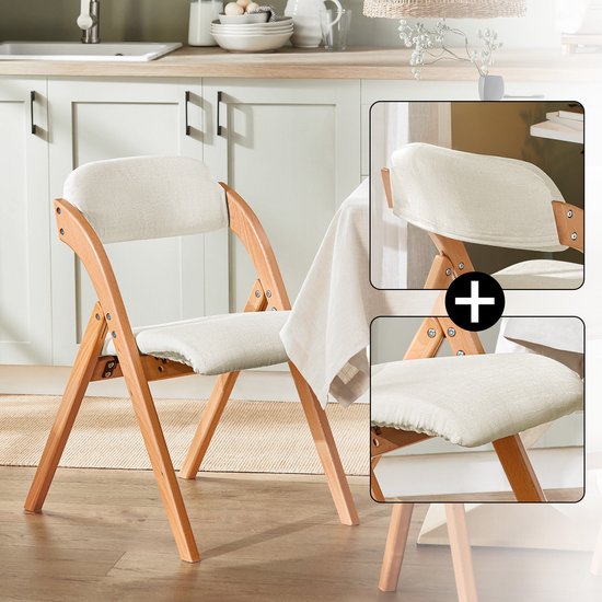 SoBuy Set van 2 Klapstoel, Bureaustoel met Gestoffeerd Zitkussen, Eetkamerstoel, Natuur/Wit, 47.5x77x59 cm, FST92-Wx2 - voor eetkamer, balkon of kantoor