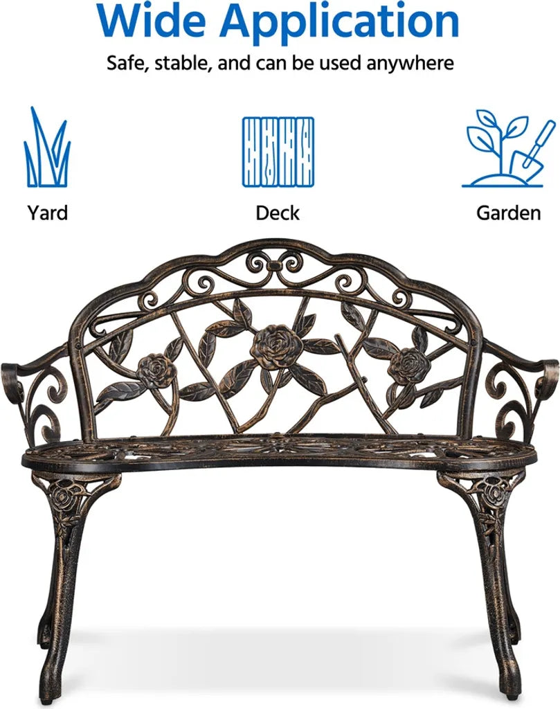 Yaheetech Tuinbank 99,5 x 57 x 78,5 cm - Brons - Vintage Metalen Tuinbank met Rozenpatroon