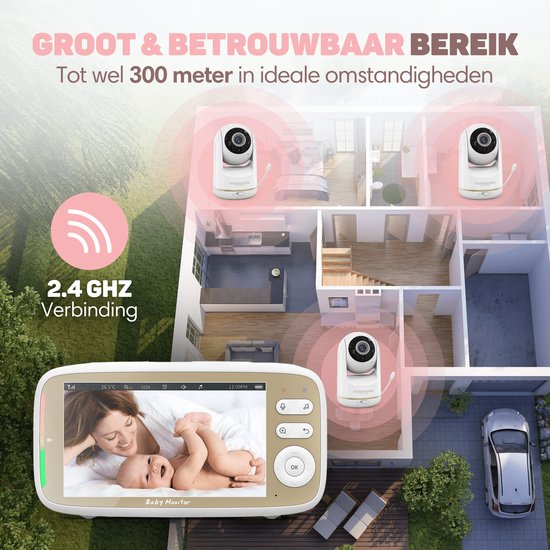 Vulpes Goods® Babycare - Babyfoon met Camera - Babymonitor met Camera en VOX - 5 inch FULL HD Scherm - Op afstand bestuurbaar - Baby Camera - Babyfoons met Geluidsdetectie - Nightvision - PRO Versie - Wit