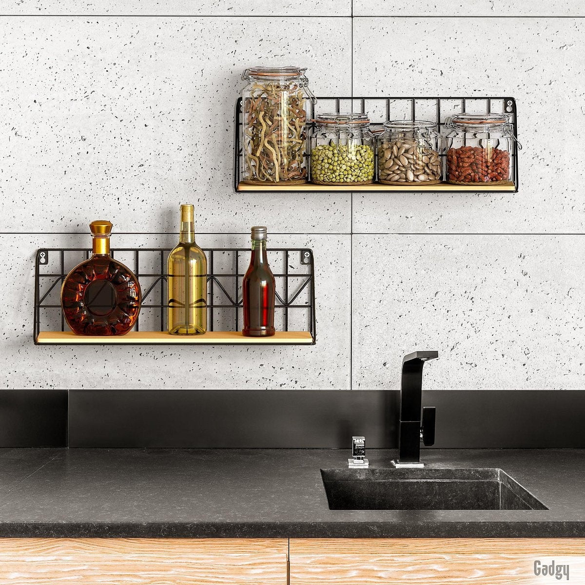 Gadgy Wandrekken Industrieel - Set van 2 - Wandrek Zwart met Hout - Wanddecoratie Woonkamer - Muurdecoratie Metaal - Wandplank zwevend voor Slaapkamer - Boekenrek – 45 cm