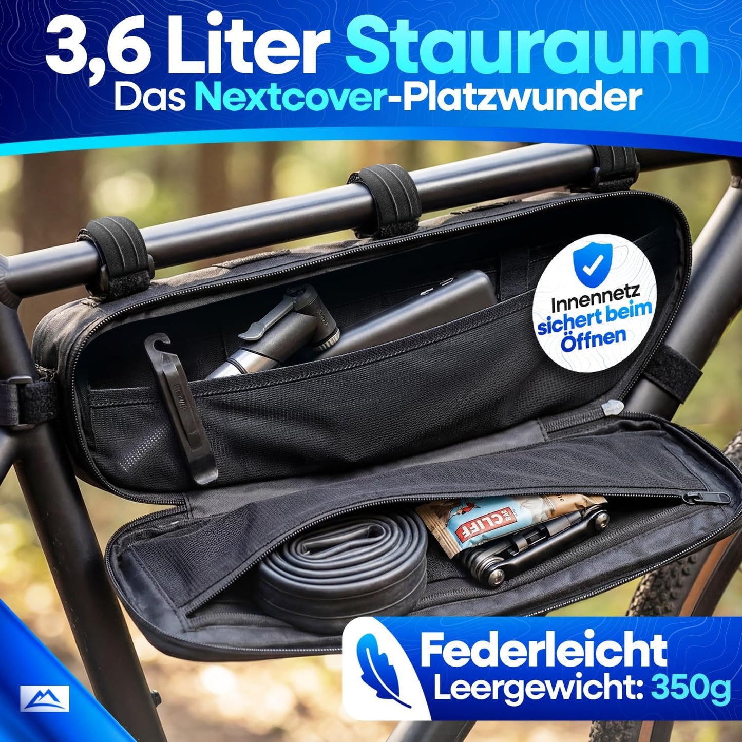 Nextcover® Bikepacking Frame Bag - 46 cm - 100% waterdicht - Down Tube Bag Fiets - Voor gravelfiets, racefiets, MTB