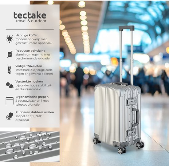 tectake® Aluminium Handbagage Koffer - 36 Liter - Dubbel TSA Cijferslot 3 Cijferig - 53 cm - Carry on Trolley - Reiskoffer met Wielen