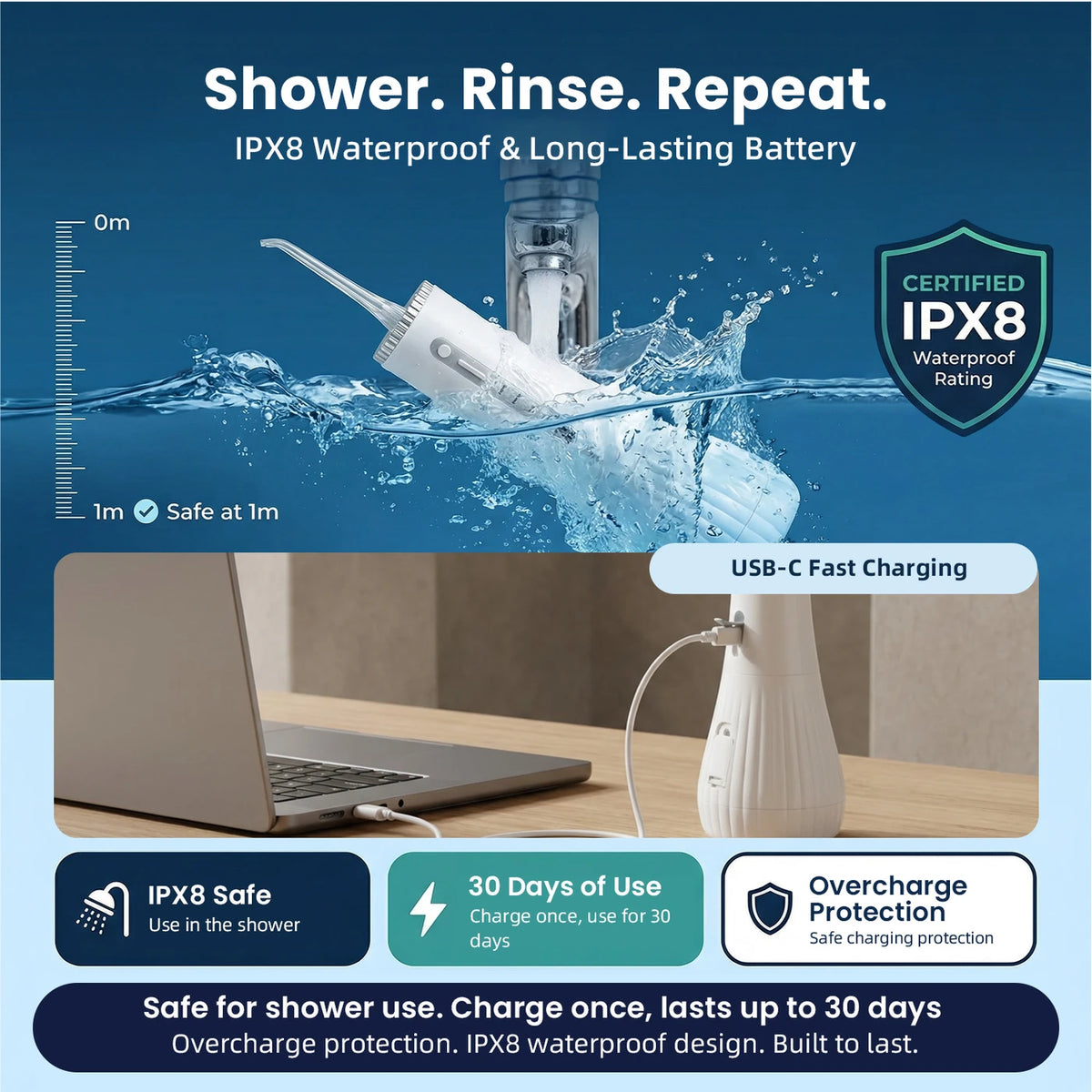 Bair Care Waterflosser M11 - Wit - UV-sterilisatie - 360 ml Reservoir - 4 Standen - 3 Opzetstukken - IPX8 - USB-C