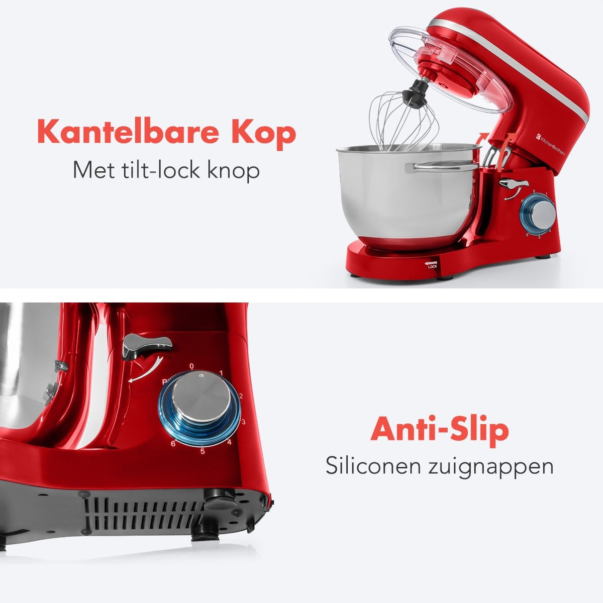KitchenBrothers Keukenmachine - Keukenmixer - 6L Mengkom - 1400W - Rood
