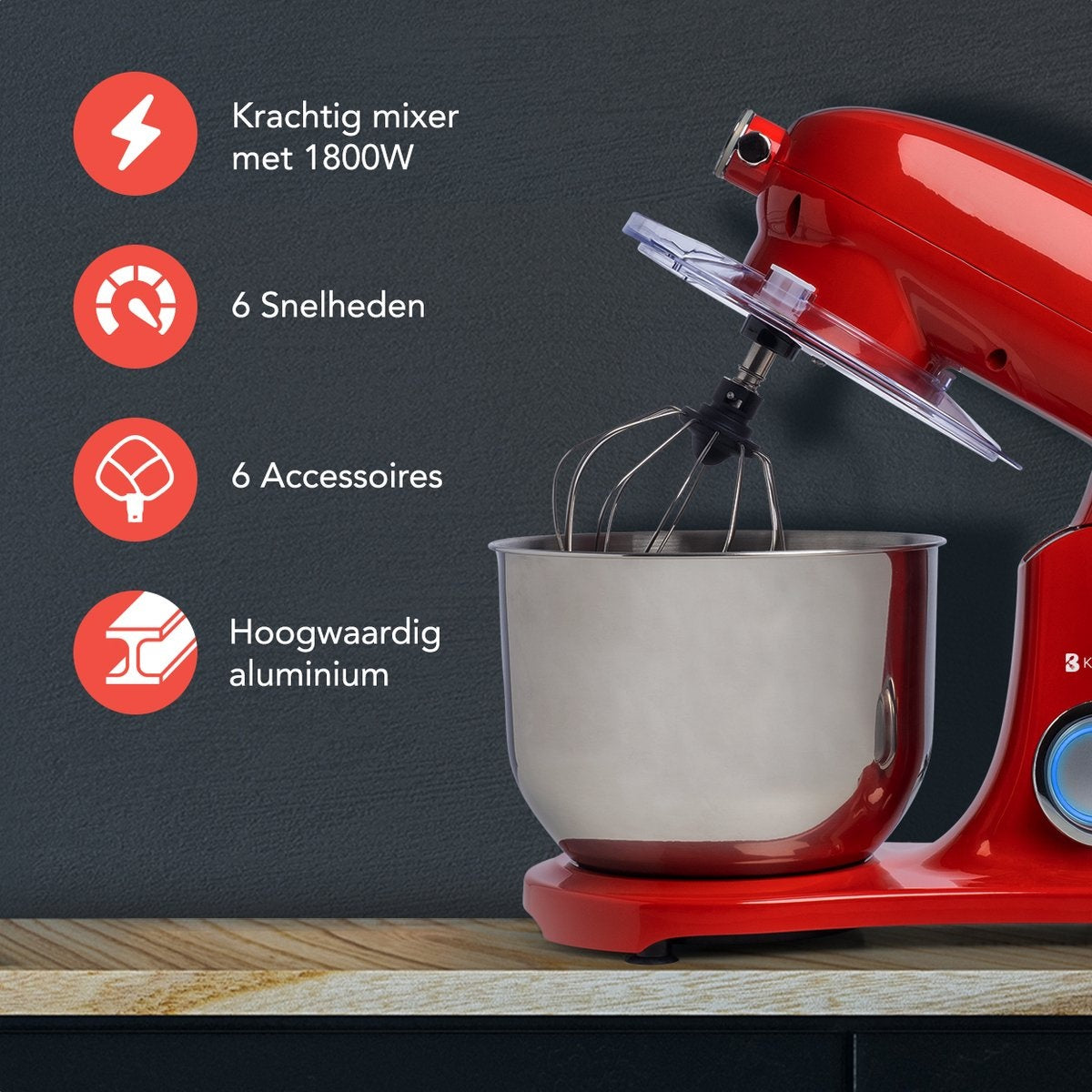 KitchenBrothers Keukenmachine - Keukenrobot - 6L Mengkom - 1800W - Aluminium - Rood