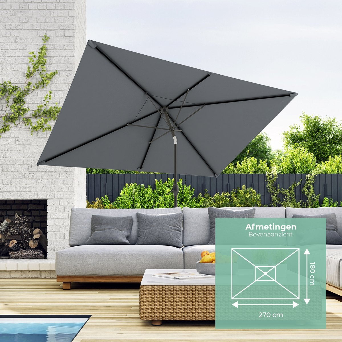 LifeGoods Parasol – Waterdicht & Kantelbaar – 270 x 180 x 245 cm – Donkergrijs