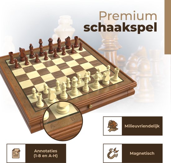Windsor Luxe Schaakbord - met Schaakstukken - 35 cm - Annotaties - Schaakset - Magnetisch Schaakspel - Chess Set - Hout