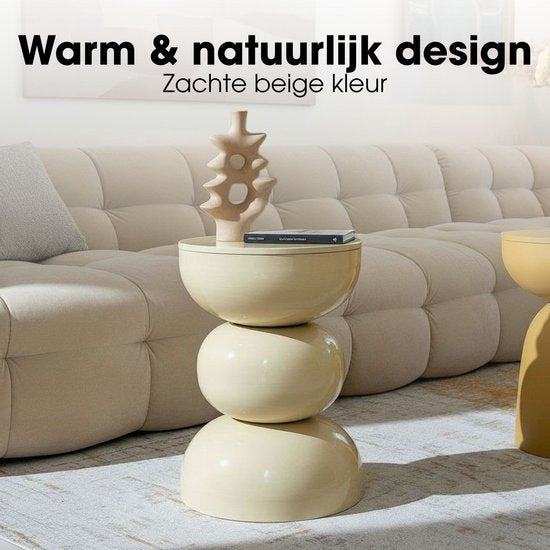 Mica Decorations Luna Salontafel - Nachtkastje Rond met Metalen Frame - Bijzettafel voor Woonkamer of Slaapkamer - Rond Tafeltje met Plantenhouder - H46 x Ø32 cm - Beige