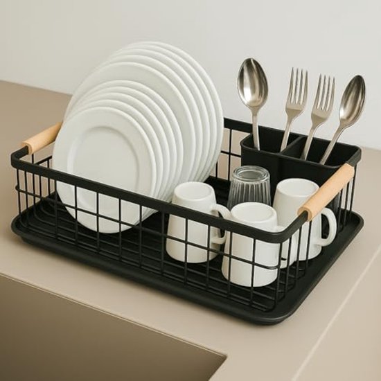 JOHSEATY afdruiprek met houten handvat - 42 x 32 cm, roestvrij met bestekhouder, afdruiprek, afdruiprek, keukenafdruiprek, afdruiprek