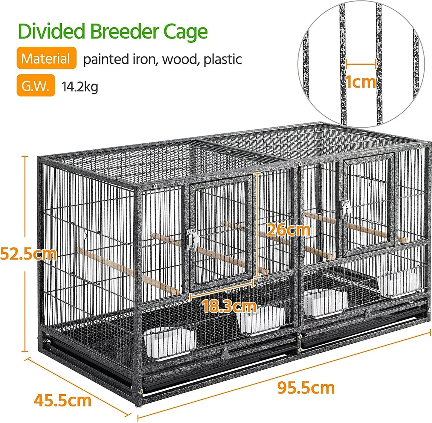 Yaheetech Vogelkooi Met Tussenschot – Voorzien Van 1 cm Tralieafstand En 4 Voerbakjes En Uitneembare Bodemlade – Voor Parkieten En Kanaries – Zwart Gepoedercoat Metaal – 95,5 x 45,5 x 105 cm