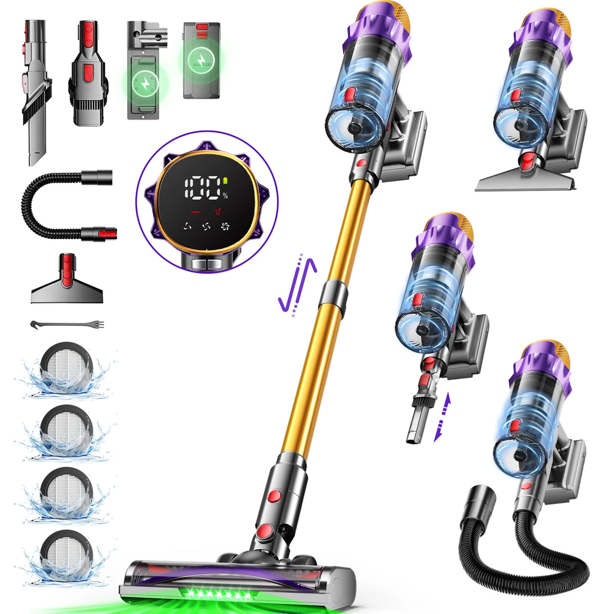 Daynee Draadloze Steelstofzuiger 65 kPa - Tot 70 Minuten Looptijd - Anti-Klit Borstel met LED - Ideaal voor Dierenhaar - Goud
