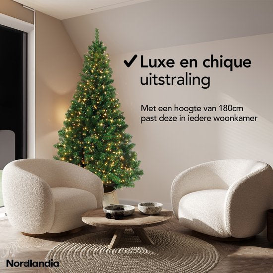 Nordlandia Kunstkerstboom Met LED Verlichting - 180 cm - Realistische Kunststof Kerstboom - Metalen Standaard - Groen