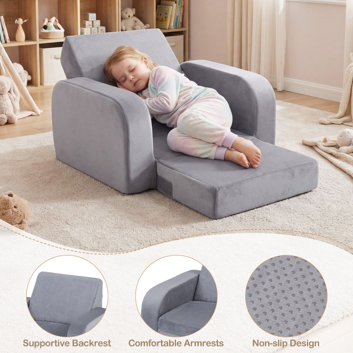 Coast Uitklapbare Kinderbank - 3-in-1 Kinderbank, Loungestoel en Kinderbed - Ultrazacht kristalvelours - Grijs