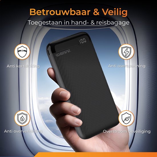 Drivv. Powerbank – 20.000 mAh, Snelladen & LED-display – 22,5 W – Zwart