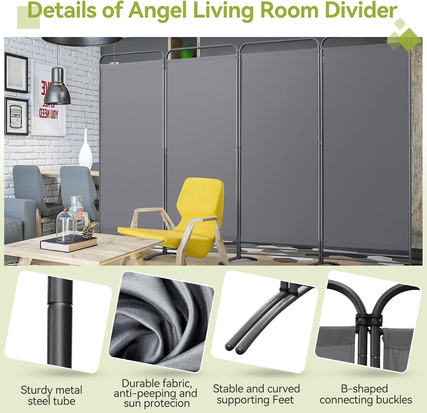 Angel Living Kamerscherm - 4 Panelen - 324 x 180 cm - Grijs