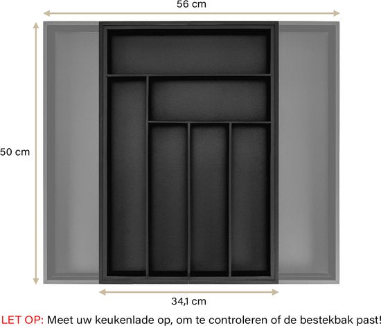 Budu Uitschuifbare Bamboe Bestekbak #50 (50 cm diep) - Zwart - Bestekcassette Hout - Besteklade - 50 x 34,1 - 56 cm - 6/8 vakken